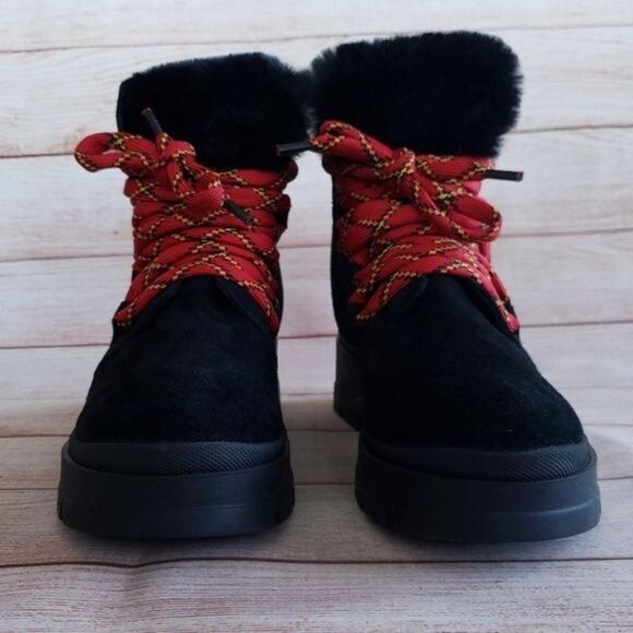 Aquatalia Suede Leather Faux Fur Hiking Outdoor Boots Booties Lace Up Black - Picture 3 of 13